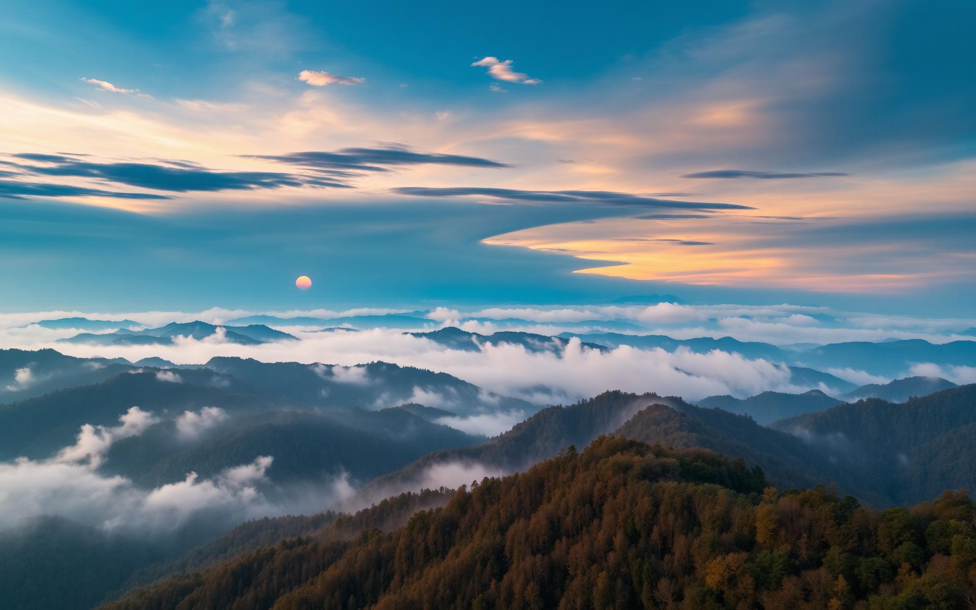 Aerial view of mist over mountains at sunrise